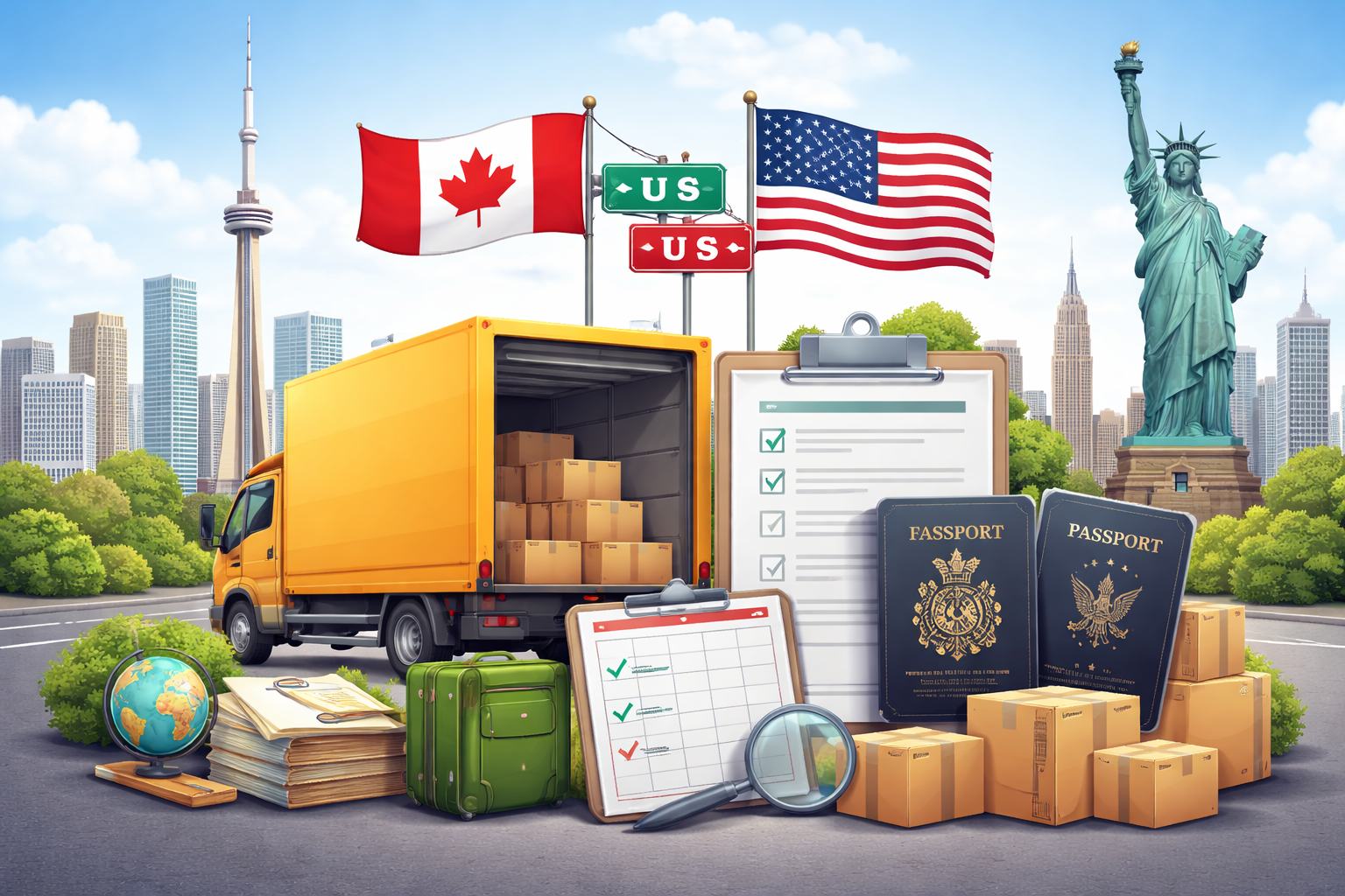 Canada to US moving truck with passports, customs forms, and relocation documents for cross-border moving requirements.