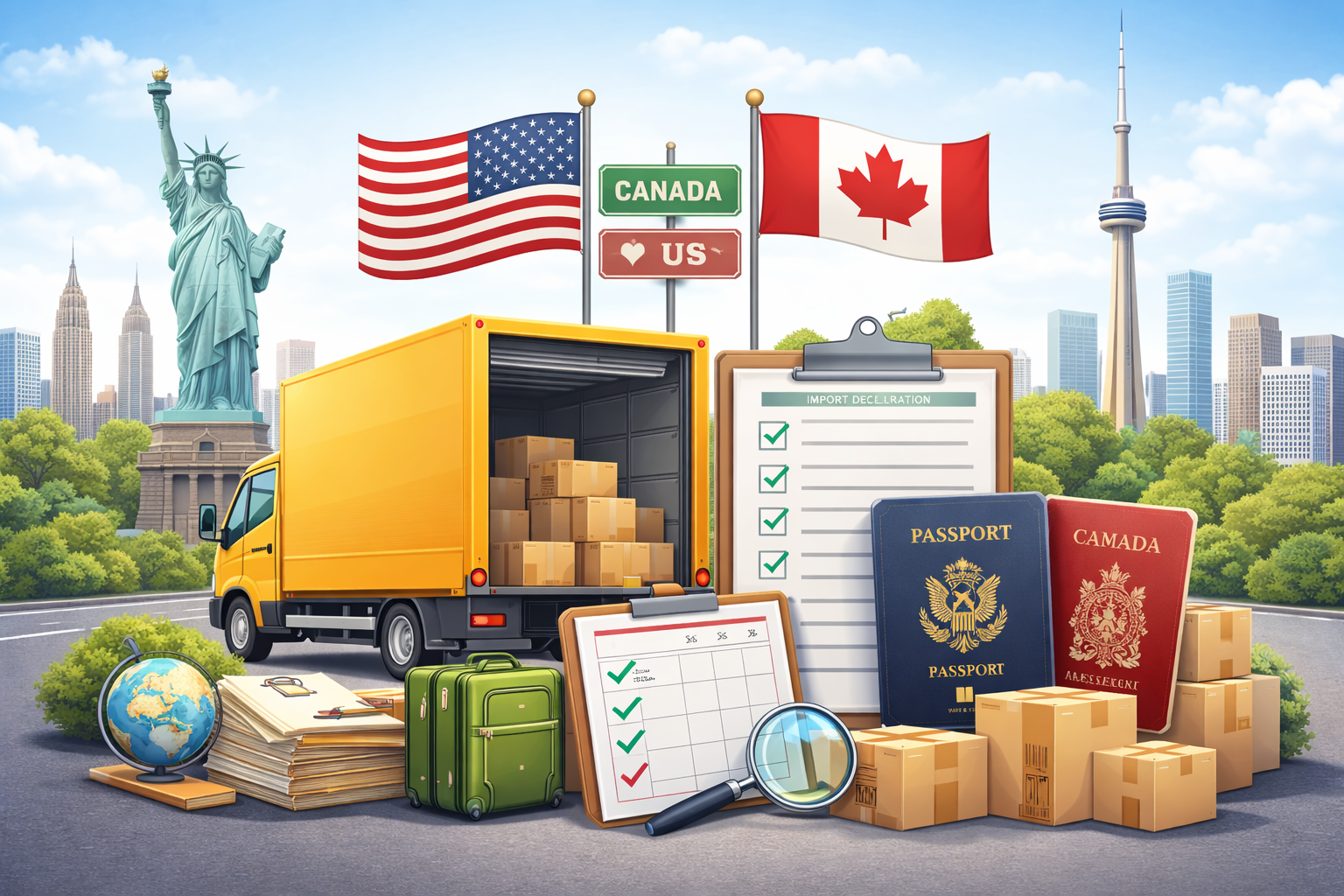 US to Canada moving truck with import declaration forms, passports, and customs paperwork for cross-border relocation.