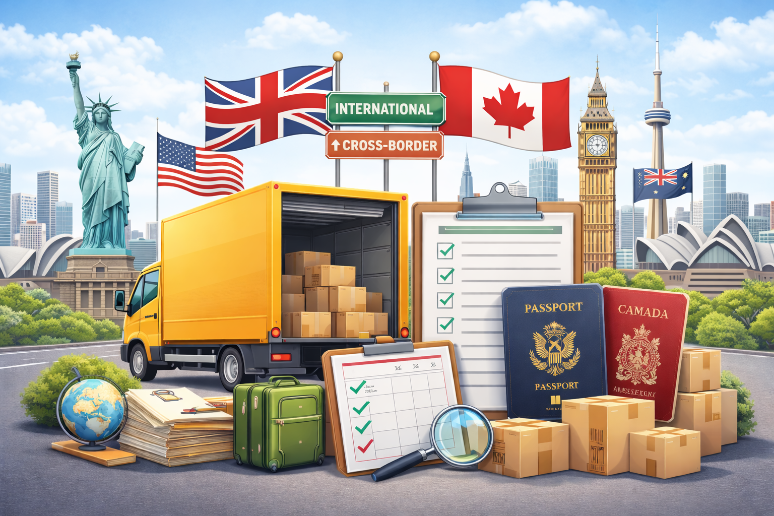 International moving truck with passports, checklist, and global landmarks representing cross-border relocation guides.