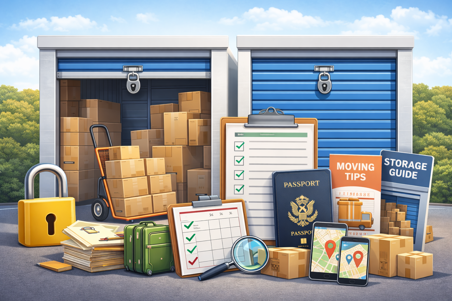 Secure storage units with moving boxes, checklist, and relocation resources for safe storage and moving support services.